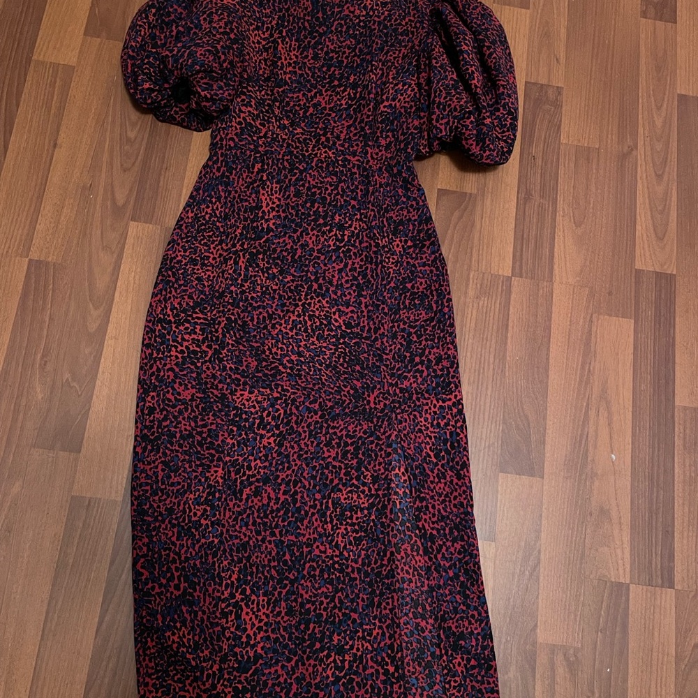 Leopard puff sleeve midi open back dress